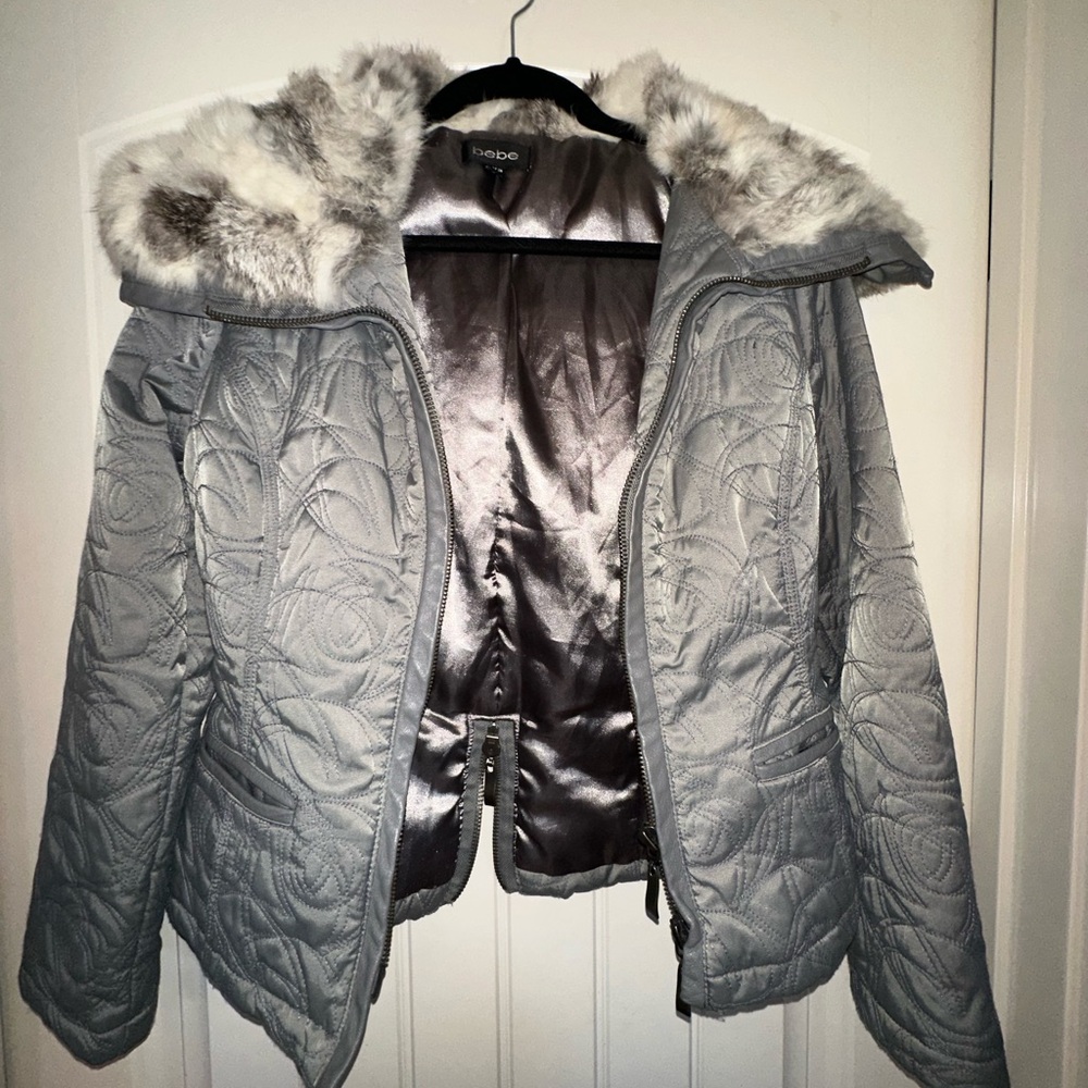 bebe Quilted Silver Puffer Jacket Real Rabbit Fur Hood Size M